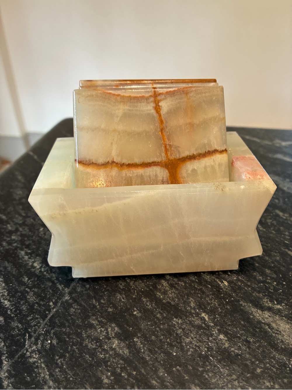 Vintage Square Natural Banded Onyx Marble Stone Coasters with Holder - Set of 3